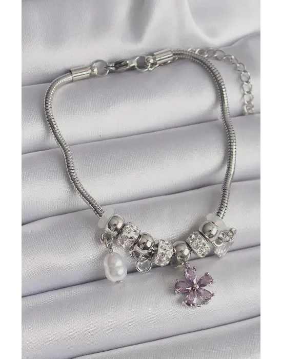 316L Çelik Gümüş Renk Zincir Sallantı Zirkon Taşlı Çiçek Model İnci Detay Charm Bileklik