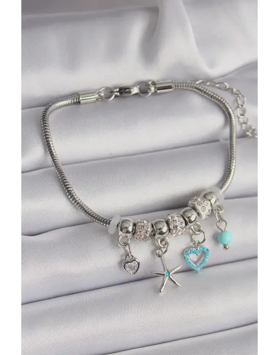 316L Çelik Gümüş Renk Zincir Sallantı Zirkon Taşlı Deniz Yıldızı Figür Charm Bileklik