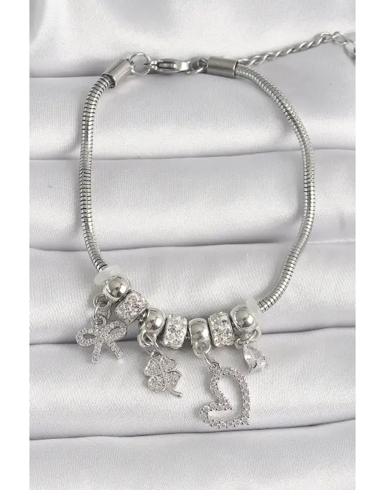 316L Çelik Gümüş Renk Zincir Sallantı Zirkon Taşlı Kalp Figür Yonca Detay Kadın Bileklik