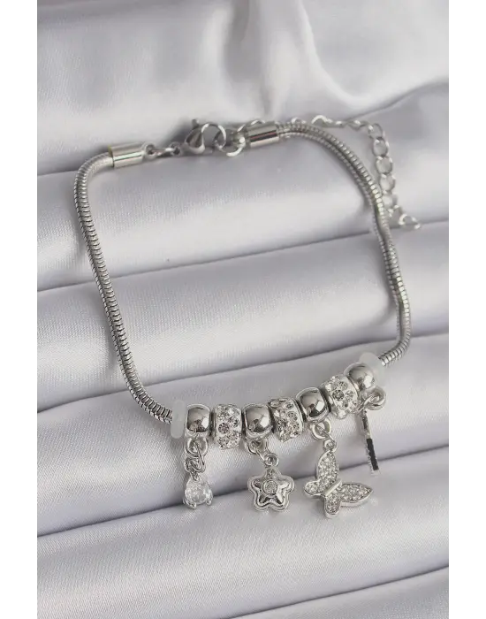 316L Çelik Gümüş Renk Zincir Sallantı Zirkon Taşlı Kelebek Model Çiçek Detay Charm Bileklik