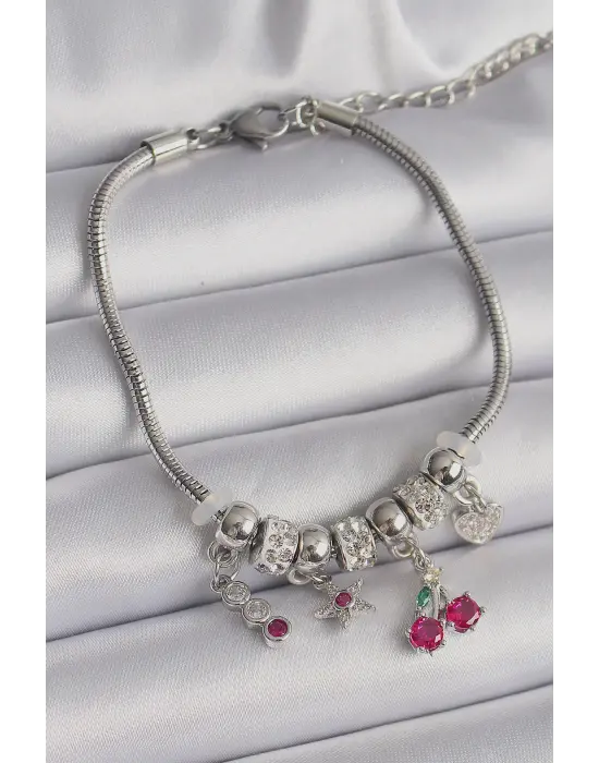 316L Çelik Gümüş Renk Zincir Sallantı Zirkon Taşlı Kiraz Model Charm Bileklik