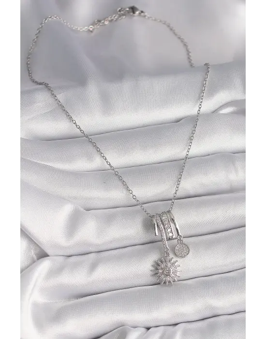  Gümüş  Zincir Sallantı Zirkon Taşlı Kutup Yıldızı Model  Charm Çelik Kolye