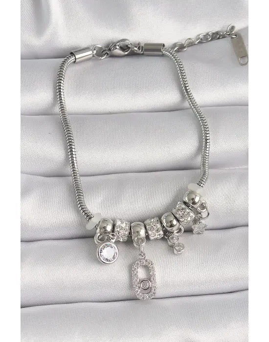 316L Çelik Gümüş Renk Zincir Sallantı Zirkon Taşlı Messika Figür Yıldız Detay Kadın Bileklik