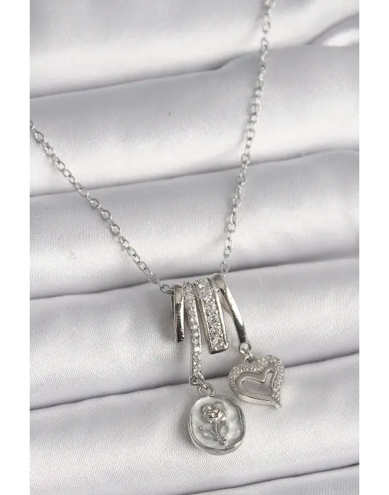  Gümüş  Zincir Sallantı Zirkon Taşlı Minimal Beyaz Sedefli Gül Portre Model Kalp Detay  Charm Çelik Kolye