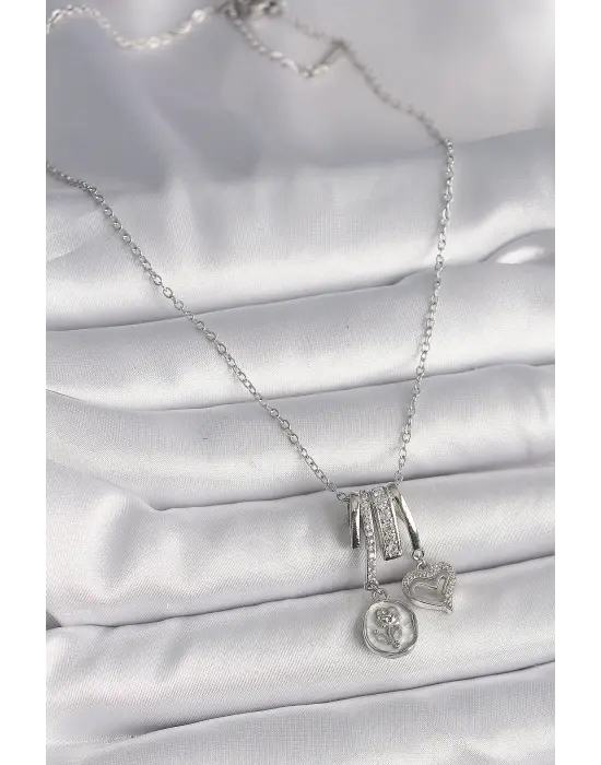  Gümüş  Zincir Sallantı Zirkon Taşlı Minimal Beyaz Sedefli Gül Portre Model Kalp Detay  Charm Çelik Kolye