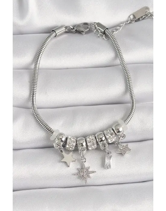 316L Çelik Gümüş Renk Zincir Sallantı Zirkon Taşlı Yıldız Model Kadın Bileklik