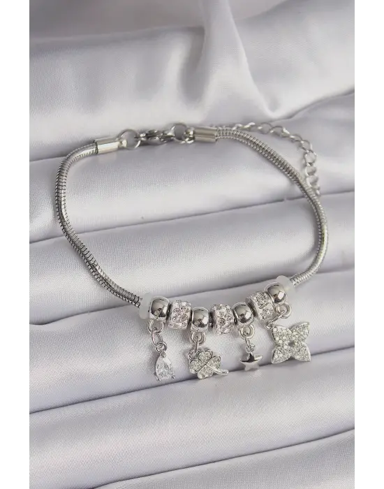 316L Çelik Gümüş Renk Zincir Sallantı Zirkon Taşlı Yonca Figür Charm Bileklik