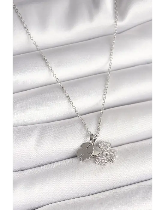 316L Çelik Gümüş Renk Zincir Sallantı Zirkon Taşlı Yonca Model Kadın Kolye