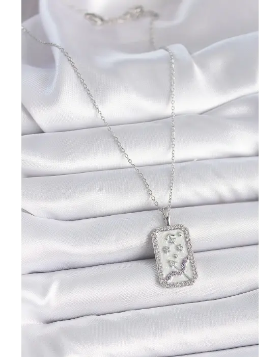  Gümüş  Zincir Yay Burcu Zirkon Taşlı  Çelik Kolye