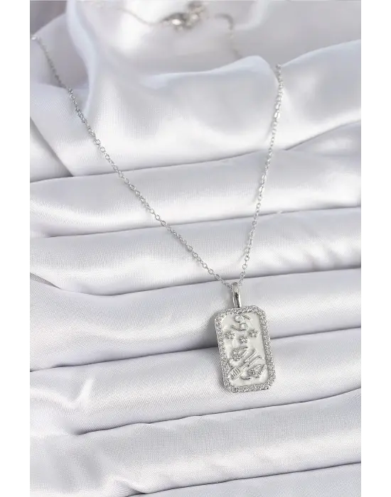  Gümüş  Zincir Yengeç Burcu Zirkon Taşlı  Çelik Kolye