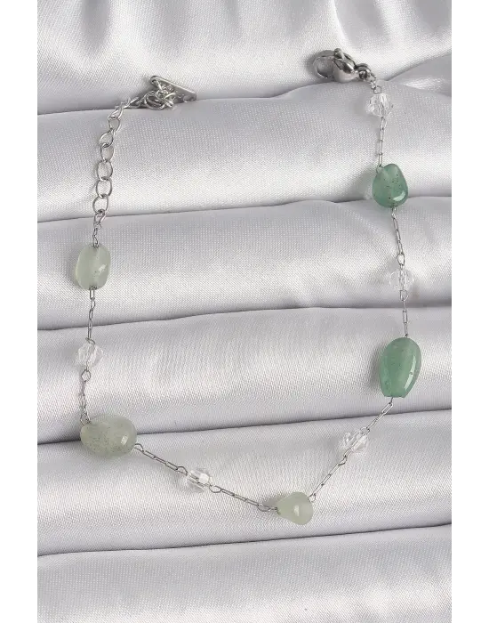 316L Çelik Gümüş Renk Zincir Yeşil Doğal Taş Kadın Bileklik