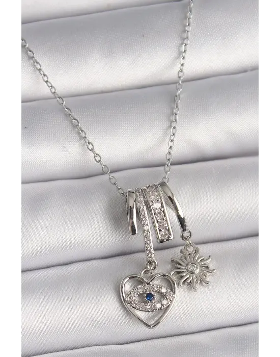  Gümüş  Zincir Zirkon Sallantı Kalp Model Güneş Detay  Charm Çelik Kolye
