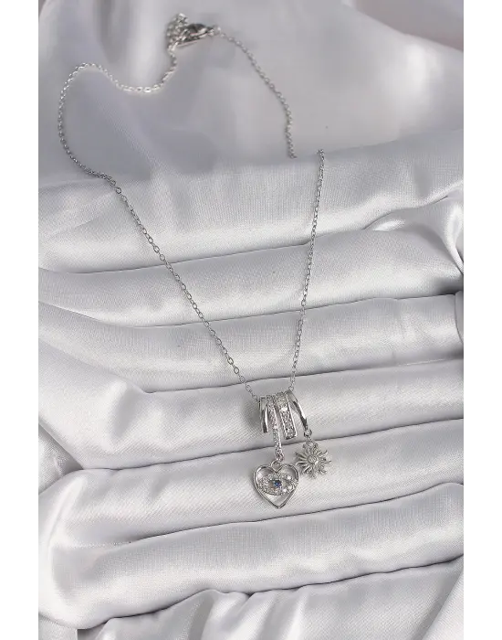  Gümüş  Zincir Zirkon Sallantı Kalp Model Güneş Detay  Charm Çelik Kolye