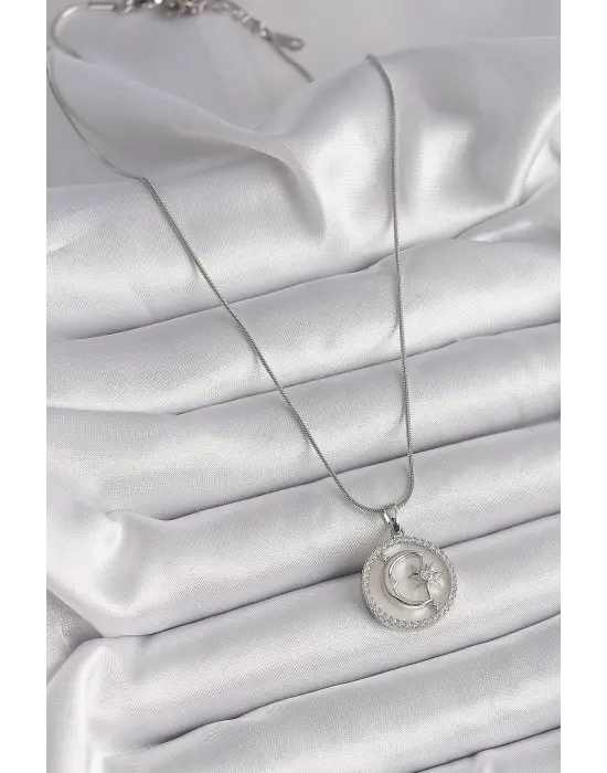  Gümüş  Zincir Zirkon Taş Detaylı Beyaz Sedefli Ay Yıldız İşleme  Çelik Kolye