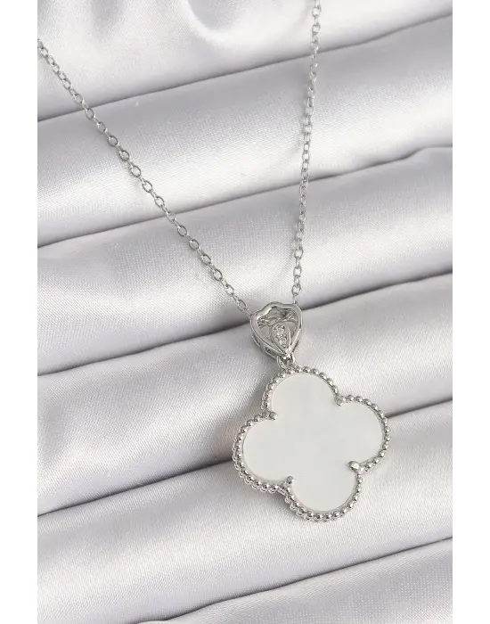 316L Çelik Gümüş Renk Zincir Zirkon Taş Detaylı Beyaz Yonca Model Kadın Kolye