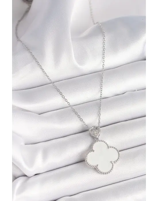 316L Çelik Gümüş Renk Zincir Zirkon Taş Detaylı Beyaz Yonca Model Kadın Kolye