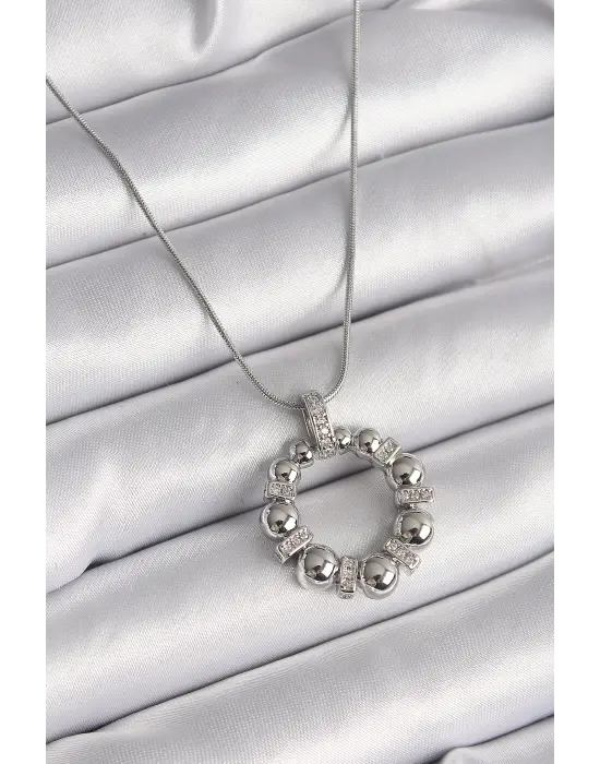  Gümüş  Zincir Zirkon Taş Detaylı Bombeli Halka Model  Çelik Kolye