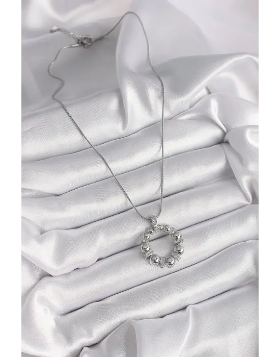  Gümüş  Zincir Zirkon Taş Detaylı Bombeli Halka Model  Çelik Kolye