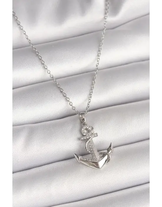 316L Çelik Gümüş Renk Zincir Zirkon Taş Detaylı Çapa Model Kadın Kolye