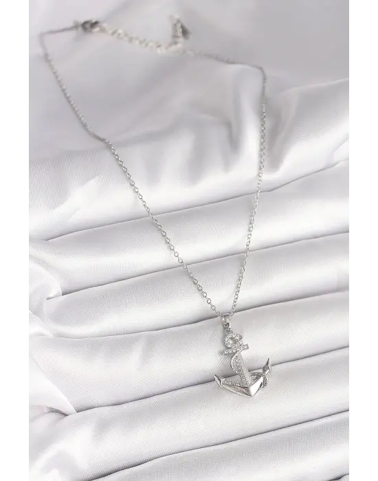 316L Çelik Gümüş Renk Zincir Zirkon Taş Detaylı Çapa Model Kadın Kolye