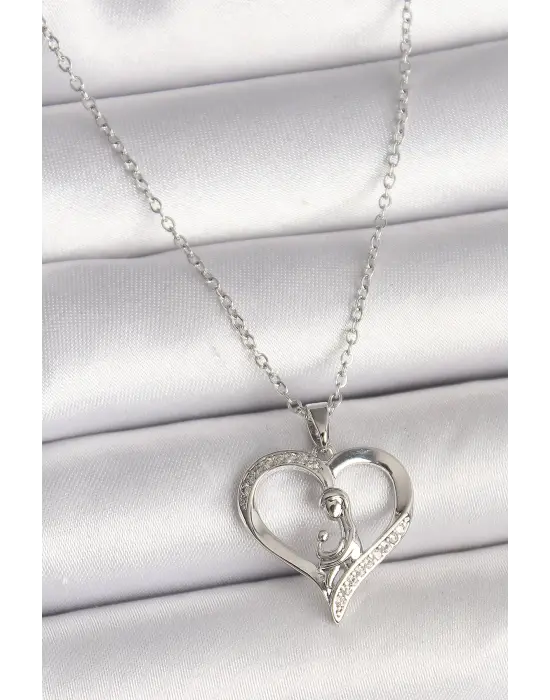  Gümüş  Zincir Zirkon Taş Detaylı Kalp Model  Çelik Kolye