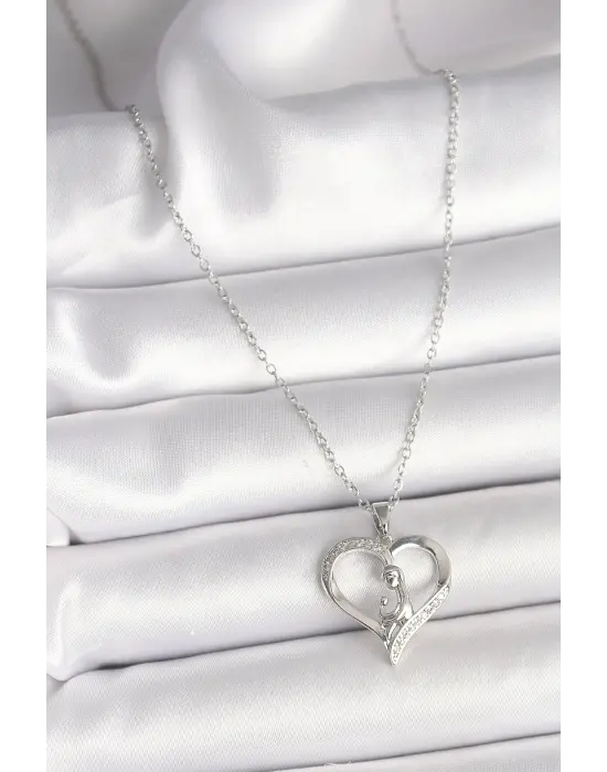  Gümüş  Zincir Zirkon Taş Detaylı Kalp Model  Çelik Kolye