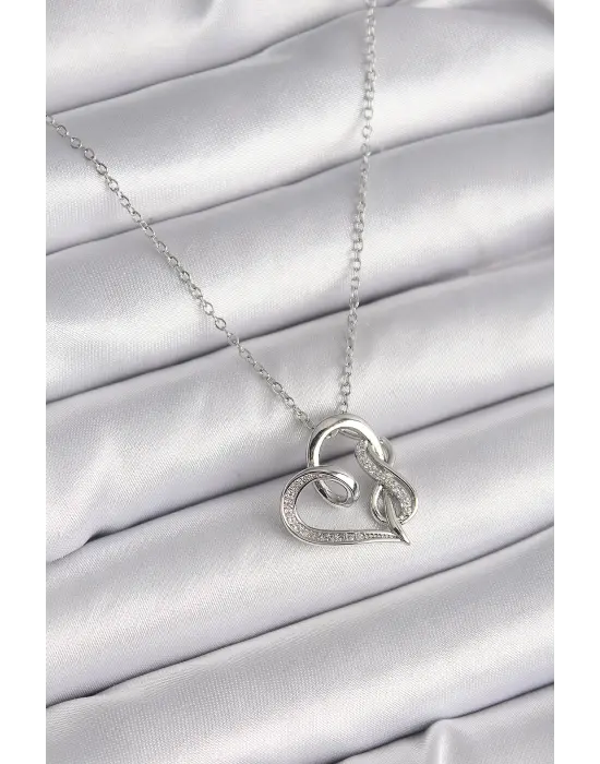  Gümüş  Zincir Zirkon Taş Detaylı Kalp Model Sonsuzluk Detay  Çelik Kolye