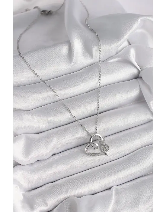 Gümüş  Zincir Zirkon Taş Detaylı Kalp Model Sonsuzluk Detay  Çelik Kolye