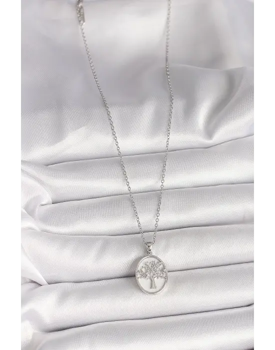316L Çelik Gümüş Renk Zincir Zirkon Taş İşlemeli Beyaz Mineli Ağaç İşlemeli Portre Model Kadın Kolye
