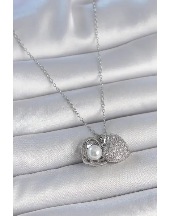 316L Çelik Gümüş Renk Zincir Zirkon Taşlı Açılır İncili Kalp Model Kadın Kolye