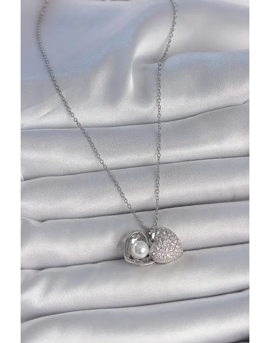 316L Çelik Gümüş Renk Zincir Zirkon Taşlı Açılır İncili Kalp Model Kadın Kolye