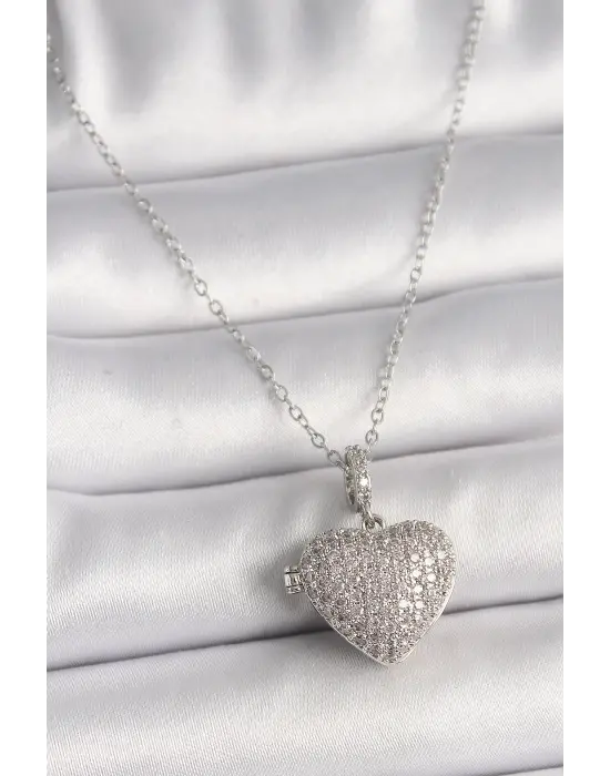  Gümüş  Zincir Zirkon Taşlı Açılır Kalp Model  Çelik Kolye