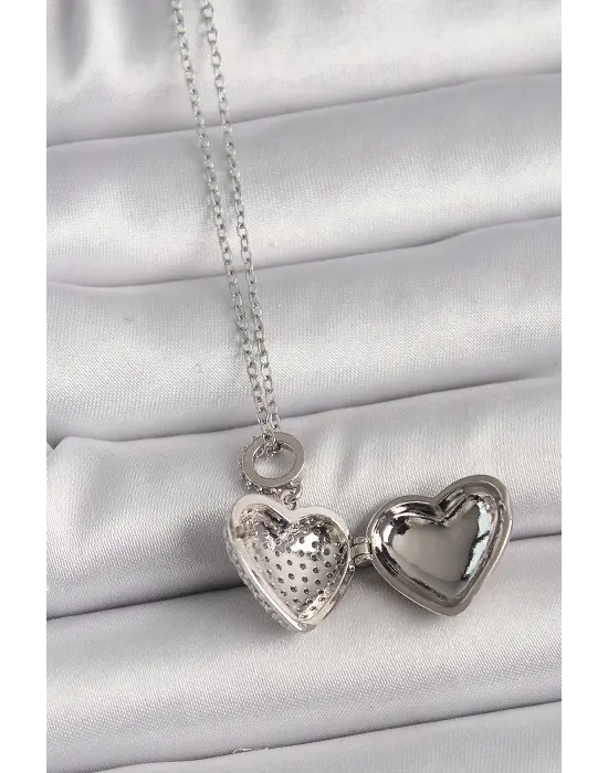  Gümüş  Zincir Zirkon Taşlı Açılır Kalp Model  Çelik Kolye