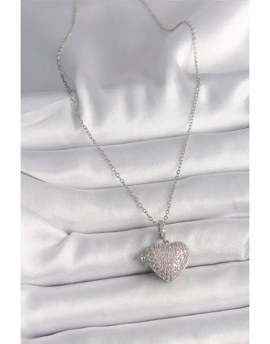  Gümüş  Zincir Zirkon Taşlı Açılır Kalp Model  Çelik Kolye