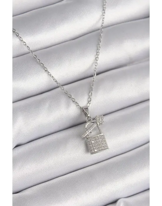  Gümüş  Zincir Zirkon Taşlı Asma Kilit Anahtar Model  Çelik Kolye