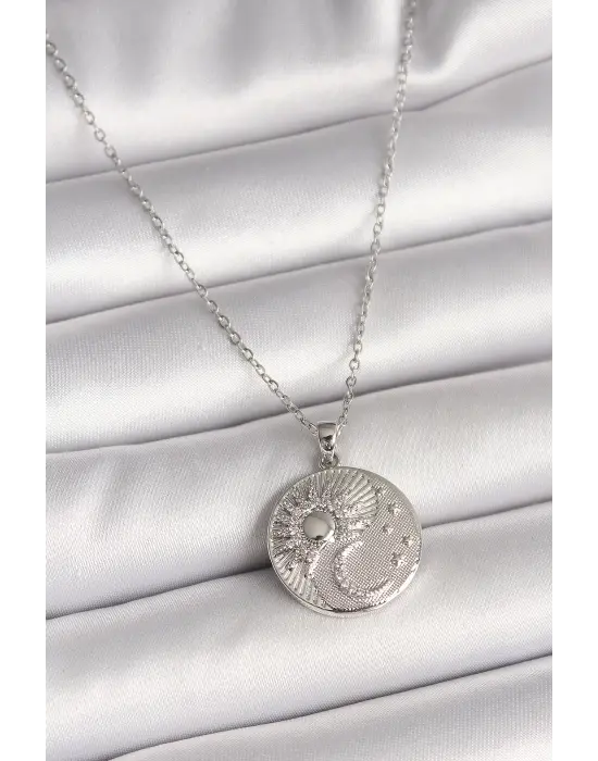 316L Çelik Gümüş Renk Zincir Zirkon Taşlı Ay Güneş İşlemeli Madalyon Model Kadın Kolye
