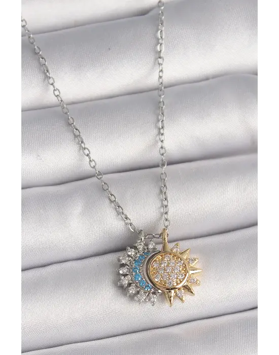  Gümüş  Zincir Zirkon Taşlı Ay Güneş Model  Charm Çelik Kolye