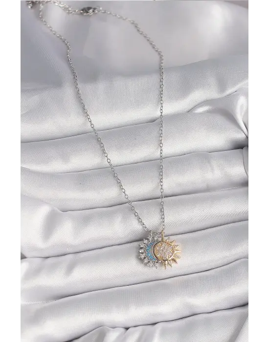  Gümüş  Zincir Zirkon Taşlı Ay Güneş Model  Charm Çelik Kolye