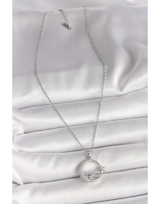 316L Çelik Gümüş Renk Zincir Zirkon Taşlı Ay Yıldız Model Sonsuzluk Detay Kadın Kolye