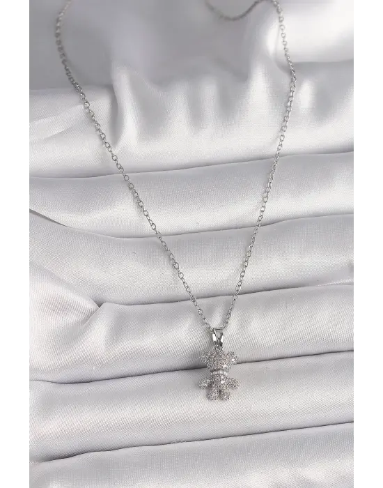  Gümüş  Zincir Zirkon Taşlı Ayıcık Figür  Çelik Kolye