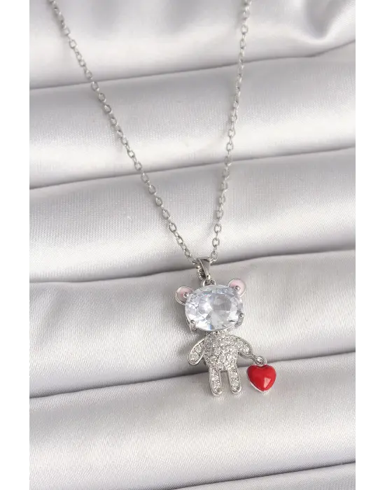 316L Çelik Gümüş Renk Zincir Zirkon Taşlı Ayıcık Model Kırmızı Kalp Detay Kadın Kolye