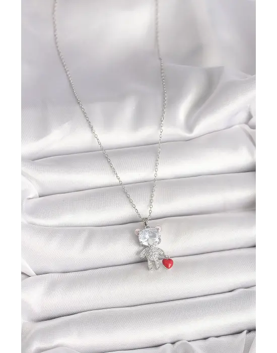 316L Çelik Gümüş Renk Zincir Zirkon Taşlı Ayıcık Model Kırmızı Kalp Detay Kadın Kolye