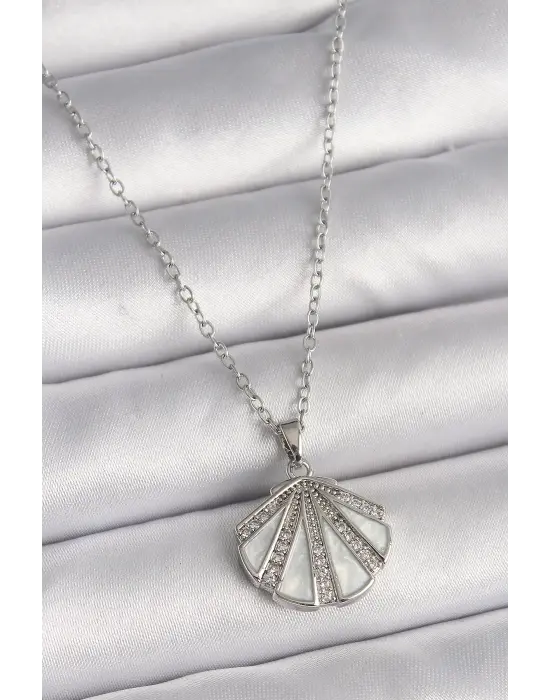  Gümüş  Zincir Zirkon Taşlı Beyaz Mineli Deniz Kabuğu Model  Çelik Kolye