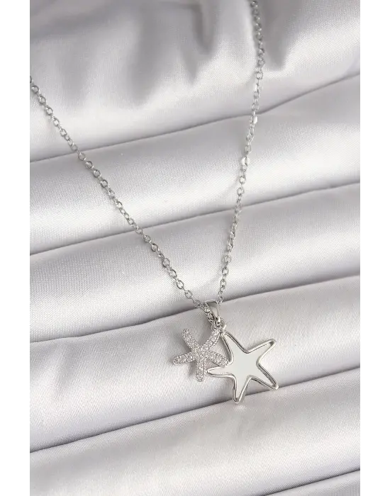 316L Çelik Gümüş Renk Zincir Zirkon Taşlı Beyaz Mineli Deniz Yıldız Model Kadın Kolye