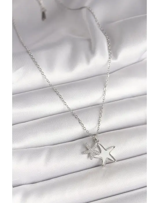 316L Çelik Gümüş Renk Zincir Zirkon Taşlı Beyaz Mineli Deniz Yıldız Model Kadın Kolye