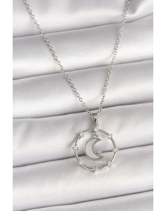 316L Çelik Gümüş Renk Zincir Zirkon Taşlı Beyaz Mineli Hilal Model Kadın Kolye