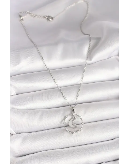 316L Çelik Gümüş Renk Zincir Zirkon Taşlı Beyaz Mineli Hilal Model Kadın Kolye