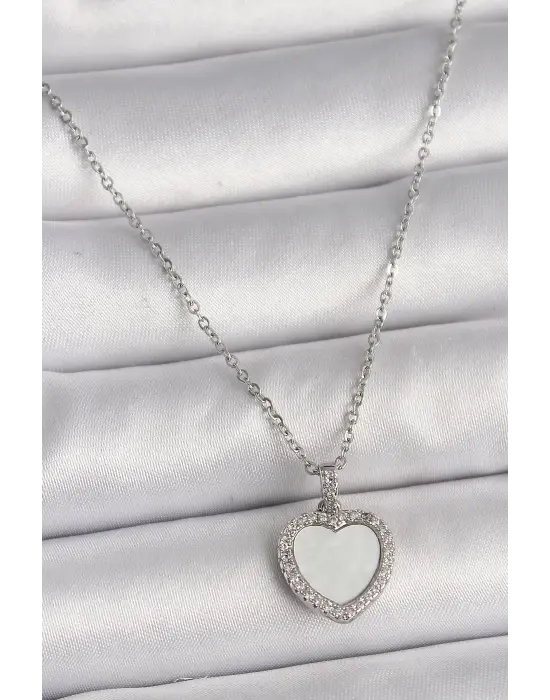  Gümüş  Zincir Zirkon Taşlı Beyaz Mineli Kalp Model  Çelik Kolye