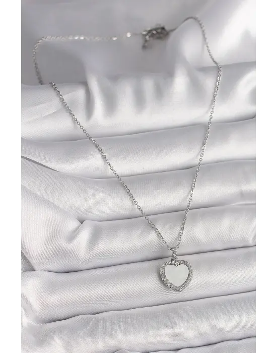  Gümüş  Zincir Zirkon Taşlı Beyaz Mineli Kalp Model  Çelik Kolye