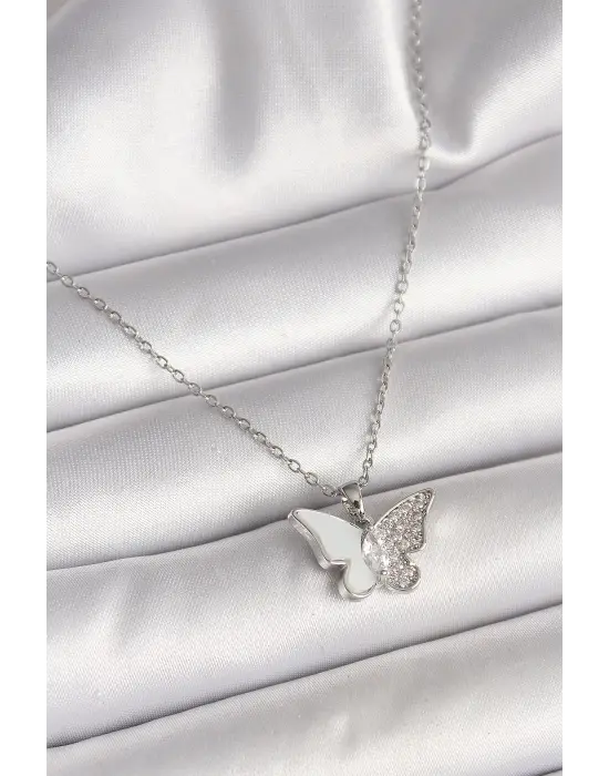316L Çelik Gümüş Renk Zincir Zirkon Taşlı Beyaz Mineli Kelebek Model Kadın Kolye